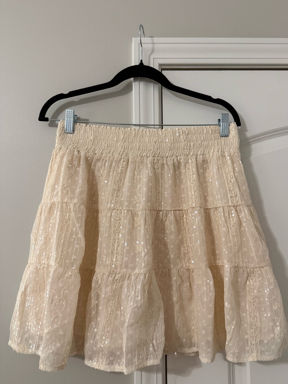Cream Sequin Mini Skirt with Elastic Waist - Size L